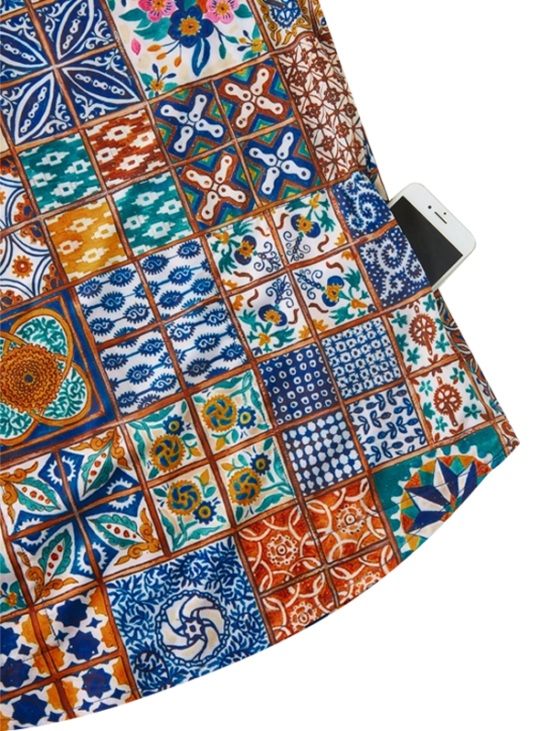 Colorful patterned fabric with a back zip pocket 