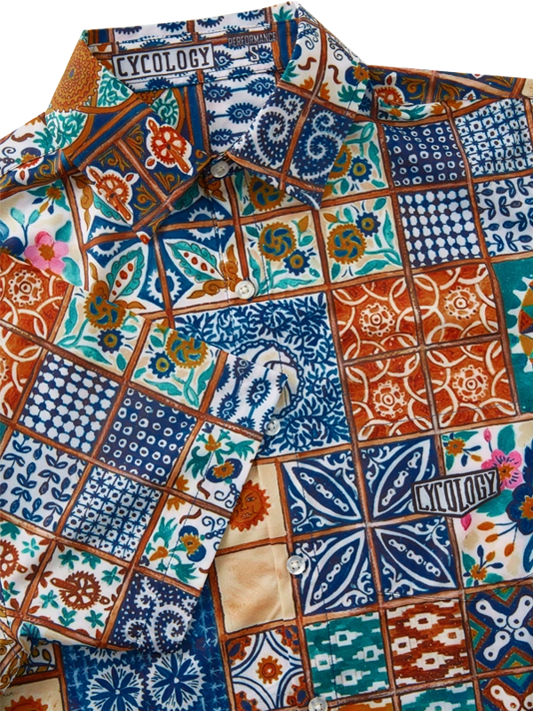 Colorful patterned gravel shirt with 'Cycology' branding 