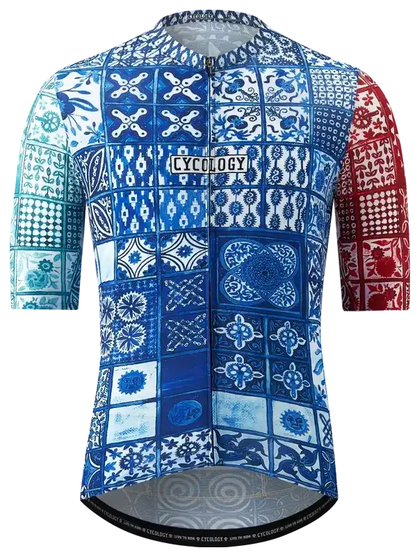 Men's cycling jersey with blue, white, and red tile-pattern design, featuring 'CYCOLOGY' chest logo