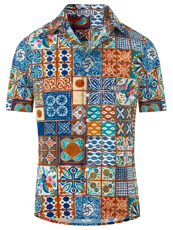 Men's short sleeve cycling shirt with vibrant patchwork tile print, ideal for casual or active wear