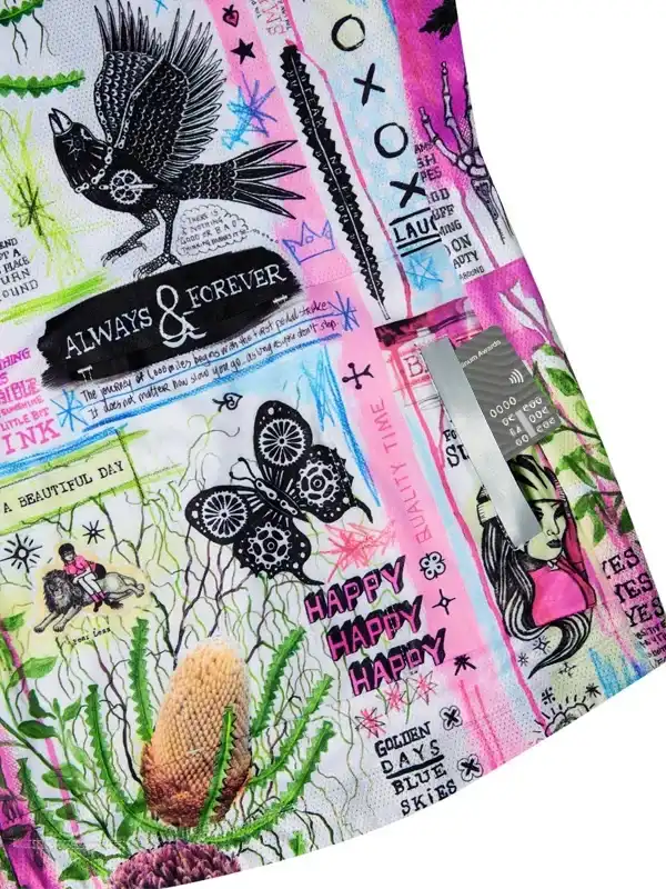 Colorful cycling jersey with bold graphics, crows, butterflies, and 'Always & Forever' text on vibrant fabric