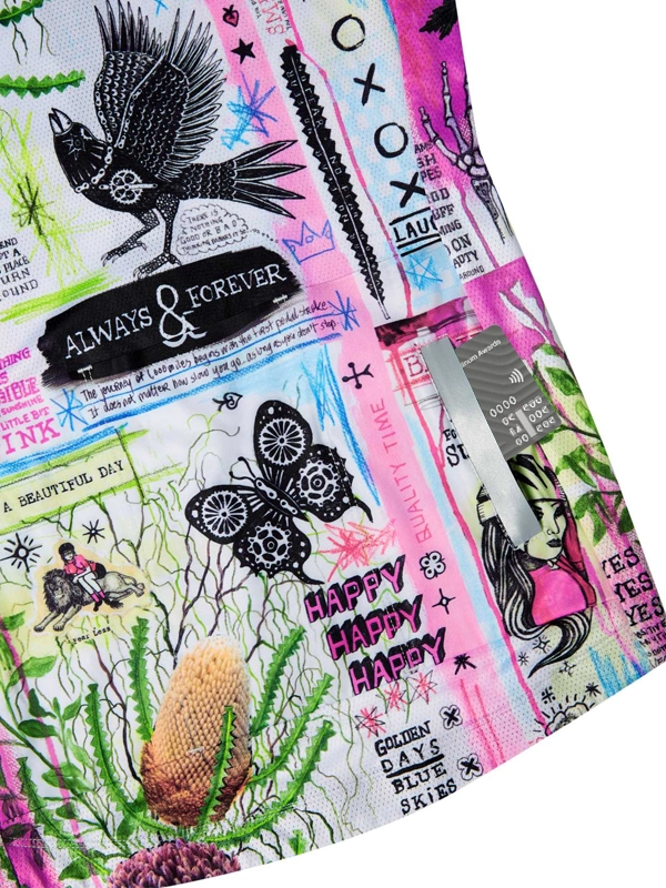 Colorful women's cycling  jersey with nature-themed design and text on a white background