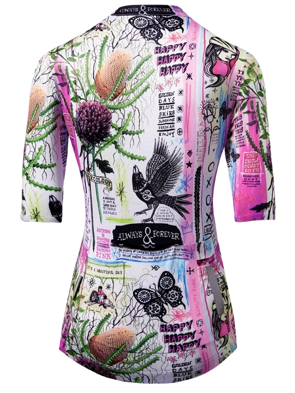 Colorful women's cycling  jersey with nature-themed design and text on a white background