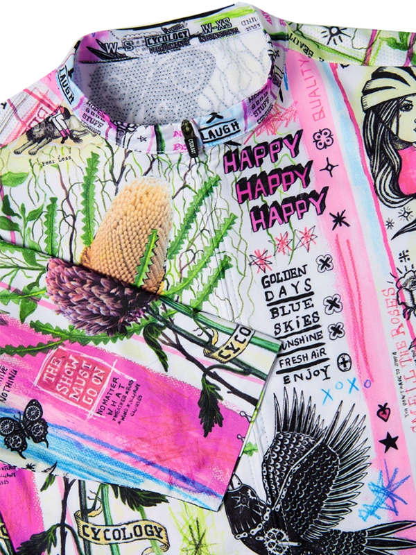 Colorful women's cycling  jersey with nature-themed design and text on a white background