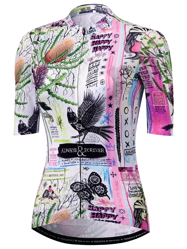 Colorful cycling jersey with artistic designs and text on a white background