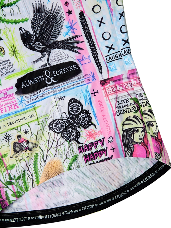 Colorful women's cycling  jersey with nature-themed design and text on a white background