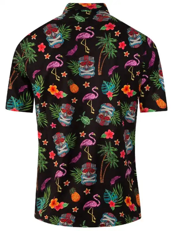 Men's tropical print shirt with flamingos, tiki masks, palm trees, and pineapples on black background