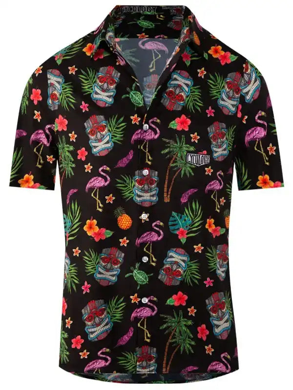 Black tropical print shirt with flamingos, tiki masks, and palm trees for men's cycling fashion