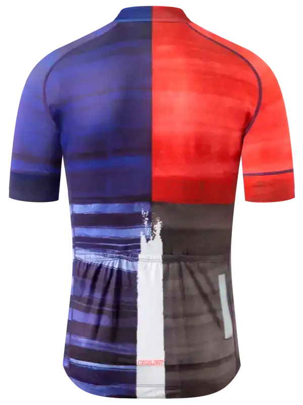 Men's cycling jersey with bold red and blue abstract design, rear view showing reflective details