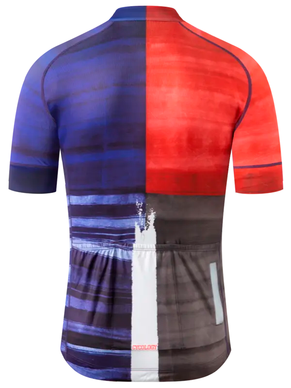 Men's Short Sleeve Cycling jersey with red, blue, and black square block  design 