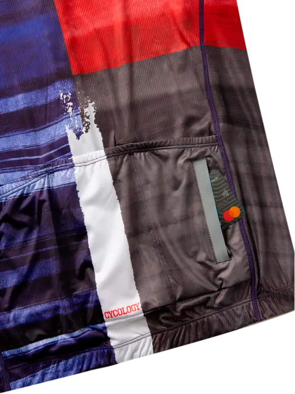 Men's Short Sleeve Cycling jersey with red, blue, and black square block  design - zip pocket