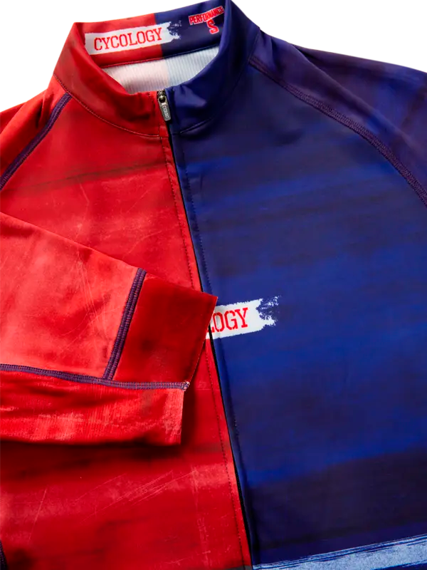 Men's Short Sleeve Cycling jersey with red, blue, and black square block  design - collar 
