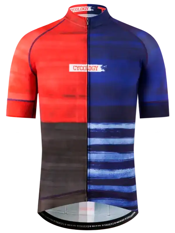 Men's cycling jersey with red and blue split design, featuring CYCOLOGY logo and short sleeves