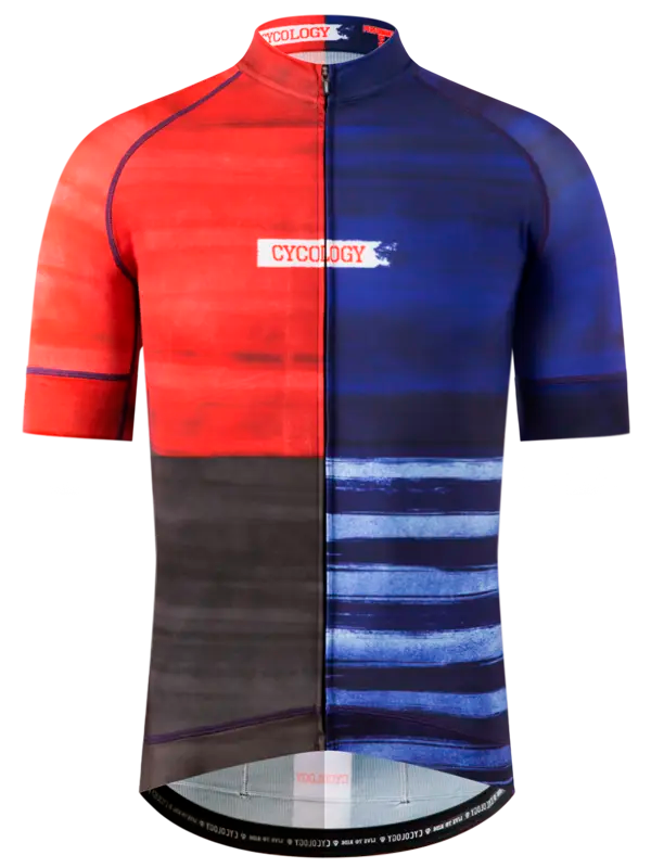 Men's Short Sleeve Cycling jersey with red, blue, and black square block  design 