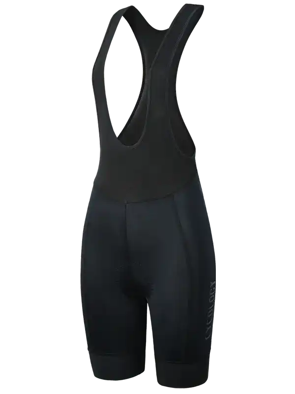 Black women's cycling bib shorts with ergonomic design and brand logo, ideal for road biking comfort.