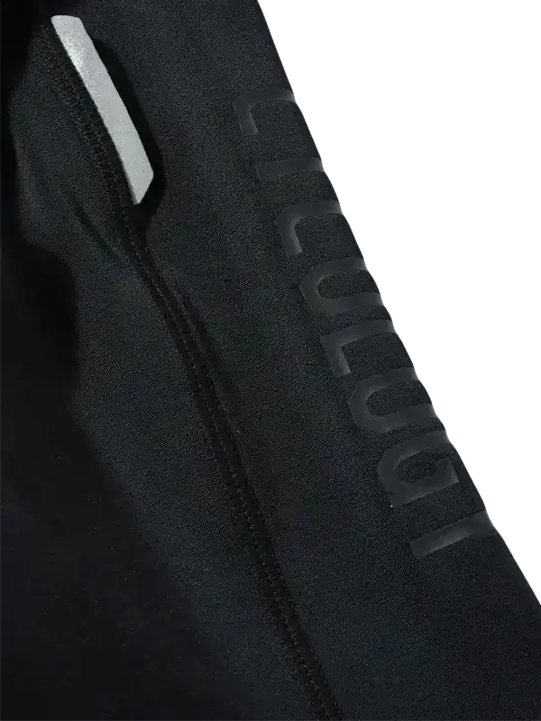Black cycling jacket sleeve with reflective strip and embossed logo detail
