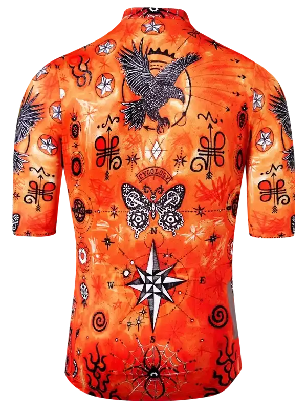 Vibrant orange cycling jersey with eagle, butterfly, and compass print for men's and women's rides