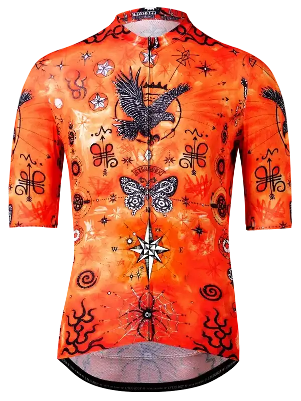 Men's cycling jersey with bold orange design, featuring eagle, butterfly, and mystical symbols for road biking.