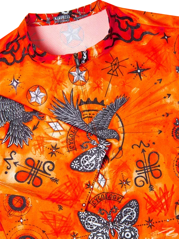 Orange men's  cycling jersey with black eagle design and star patterns