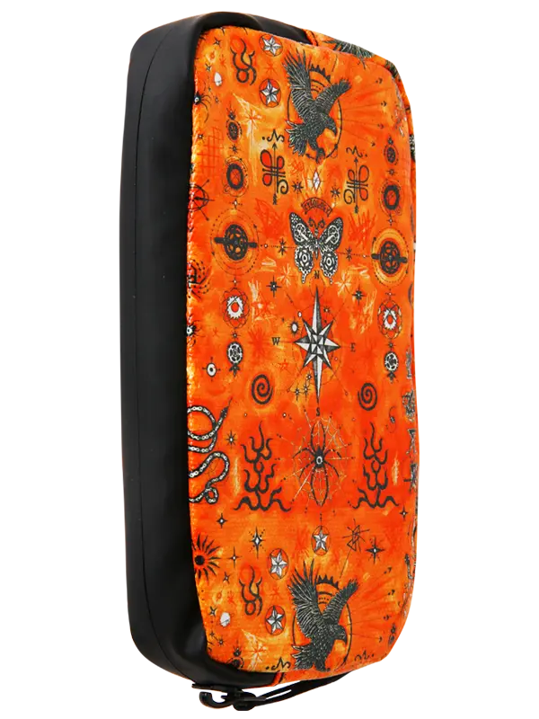 An orange zippered cycling wallet featuring a detailed black, white, and orange spiritual pattern with eagles, a butterfly, a compass rose, and various mystical symbols.