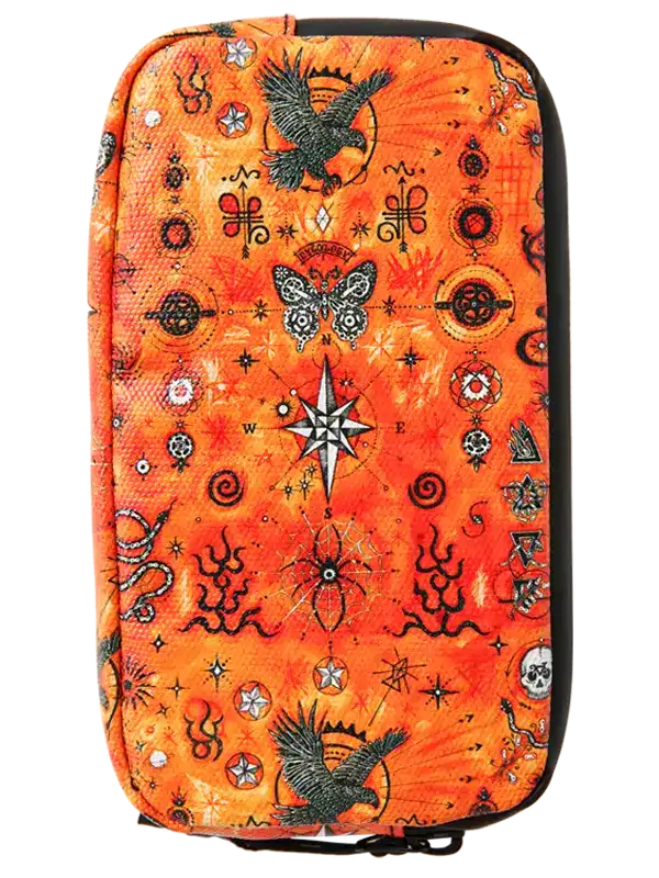 Nomad Cycling Wallet by Cycology Clothing with orange mystical pattern and bird motifs