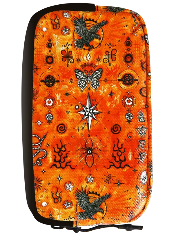 Cycology Clothing Nomad Cycling Wallet with orange mystical pattern and bird motifs