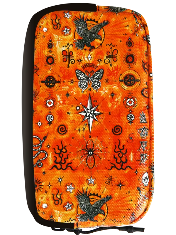 An orange zippered cycling wallet featuring a detailed black, white, and orange spiritual pattern with eagles, a butterfly, a compass rose, and various mystical symbols.