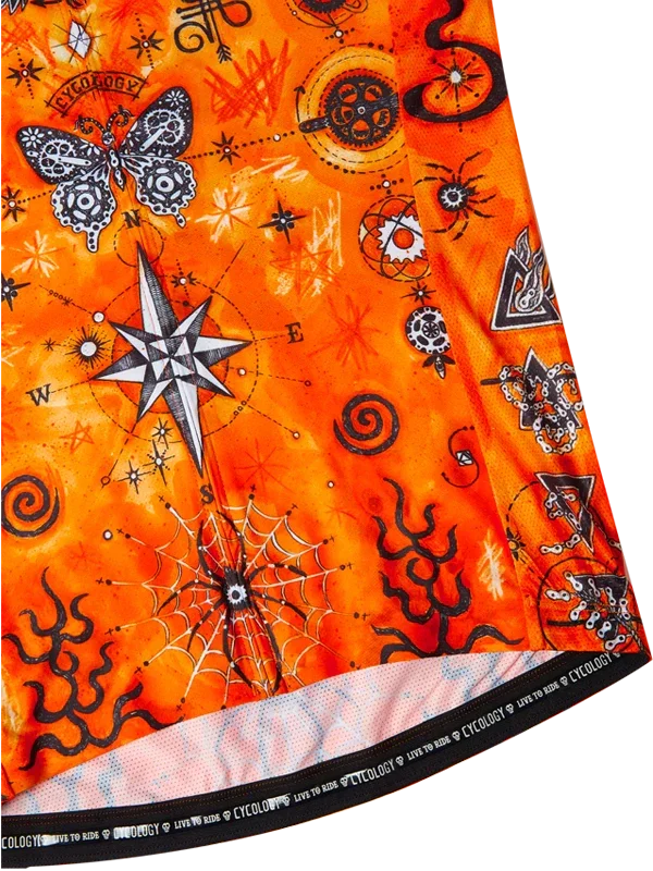 Orange men's  cycling jersey with black eagle design and star patterns