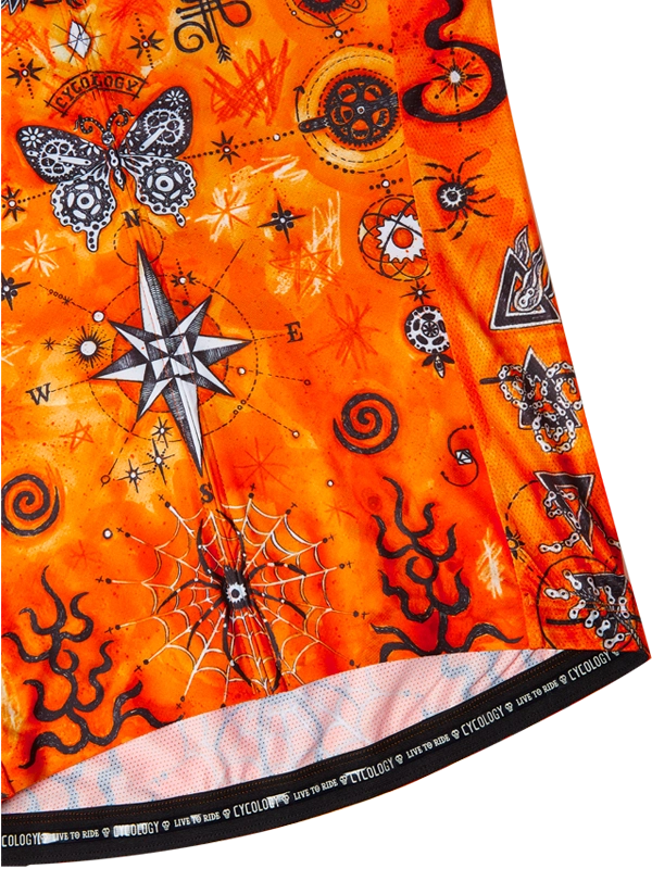 Orange men's  cycling jersey with black eagle design and star patterns