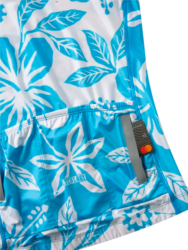 Women's Blue short sleeve cycling jersey with white floral pattern back pockets