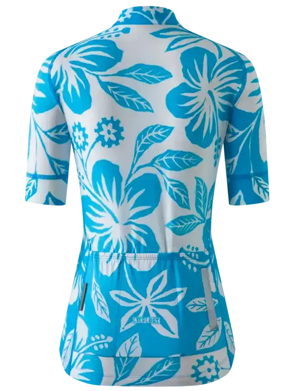 Women's blue floral cycling jersey with back pockets, lightweight performance fabric for summer rides