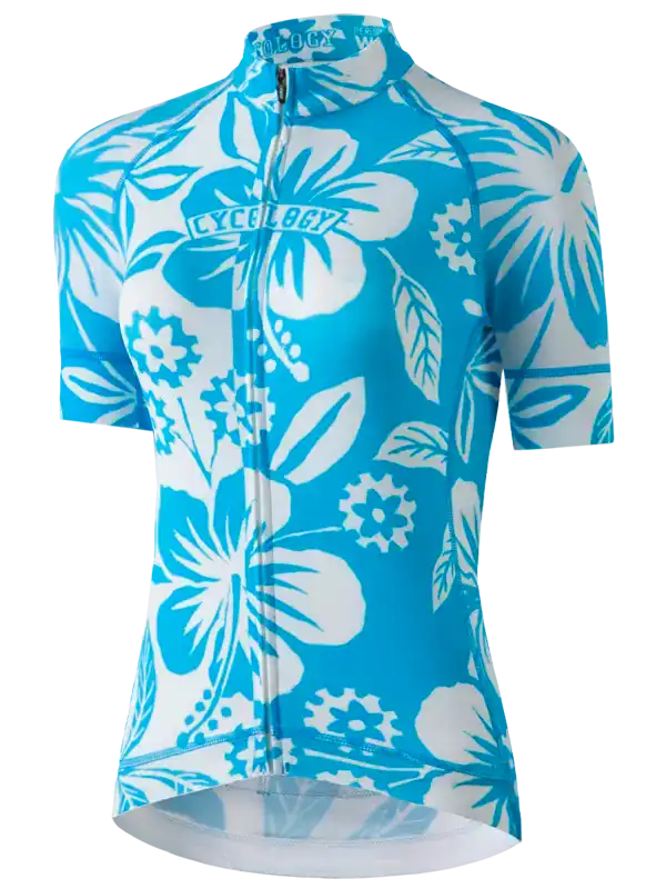 Women's blue floral cycling jersey with white hibiscus print and full zip front