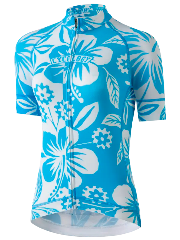 Women's Blue short sleeve cycling jersey with white floral pattern 