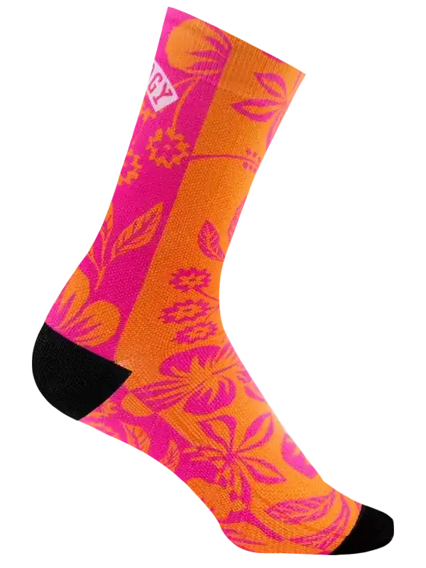 Vibrant pink and orange floral cycling socks with black toe and heel, ideal for bike rides and athletic wear.