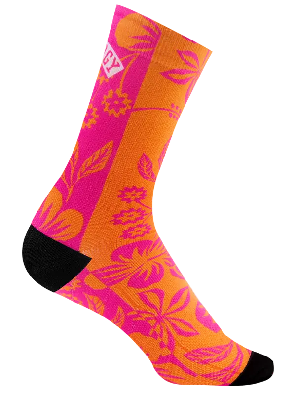 Colorful sock with pink and orange floral pattern on a white background