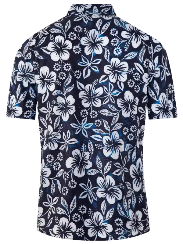 Men's navy floral cycling shirt with white hibiscus print, short sleeves, stylish bike wear