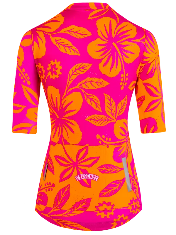 Pink and orange floral patterned cycling jersey with a brand logo 