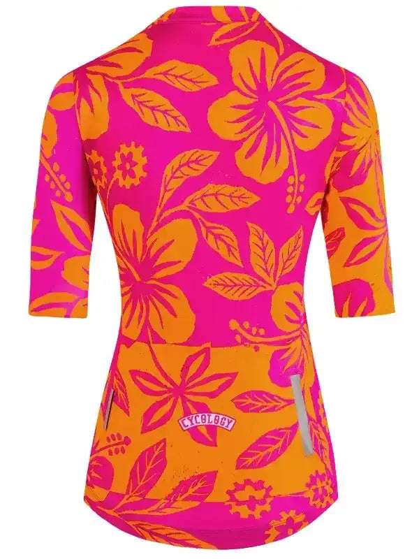Women's pink and orange floral cycling jersey with 3/4 sleeves and rear pockets