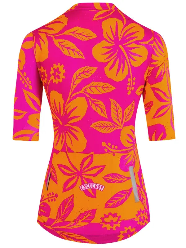 Pink and orange floral patterned shirt with a visible brand logo on a white background