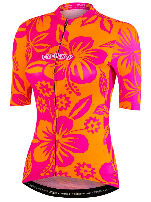 Cycling jersey with pink and orange floral pattern 