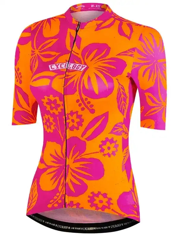 Women's cycling jersey with vibrant pink and orange floral print, short sleeves, full zip