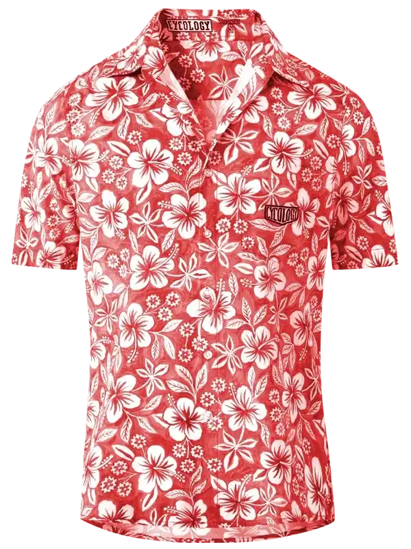 Red floral print short sleeve cycling shirt with white hibiscus pattern and brand logo