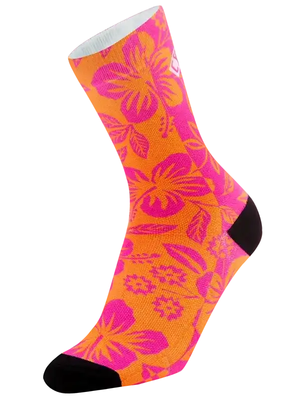 Vibrant orange and pink floral cycling sock with black toe and heel, designed for comfort and style on rides.