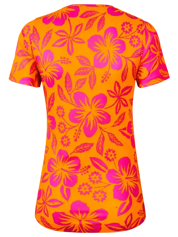 Women's vibrant orange cycling jersey with pink hibiscus floral print, perfect for summer rides