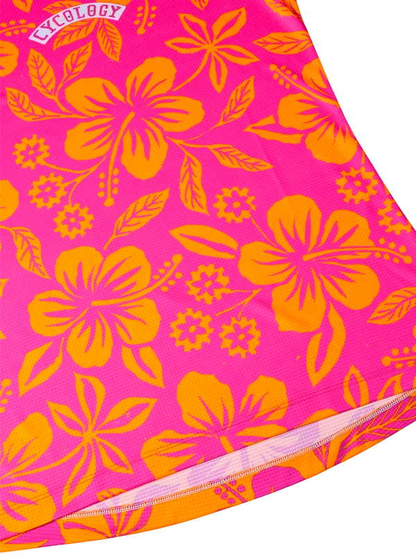 Women's Pink and orange floral patterned tech t shirt with 'Cycology' branding 