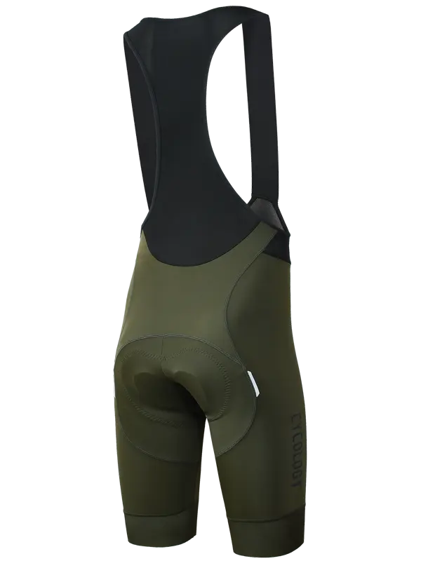 Rear view of men's cycling bib shorts in olive green and black, 
