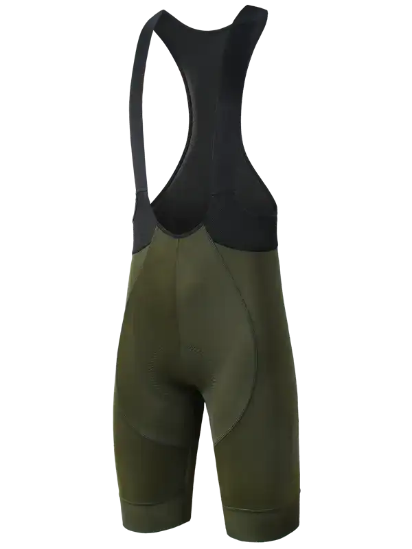 Olive green men's cycling bib shorts with black straps, padded for comfort, ideal for road biking.