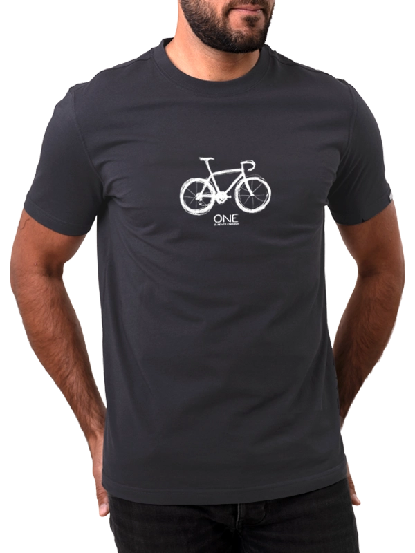Man wearing a black t-shirt with a white bicycle graphic and 'ONE' text.