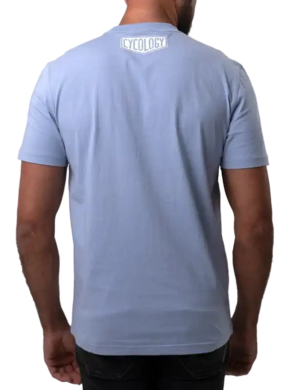 Men's light blue cycling t-shirt with back logo, casual fit for active wear