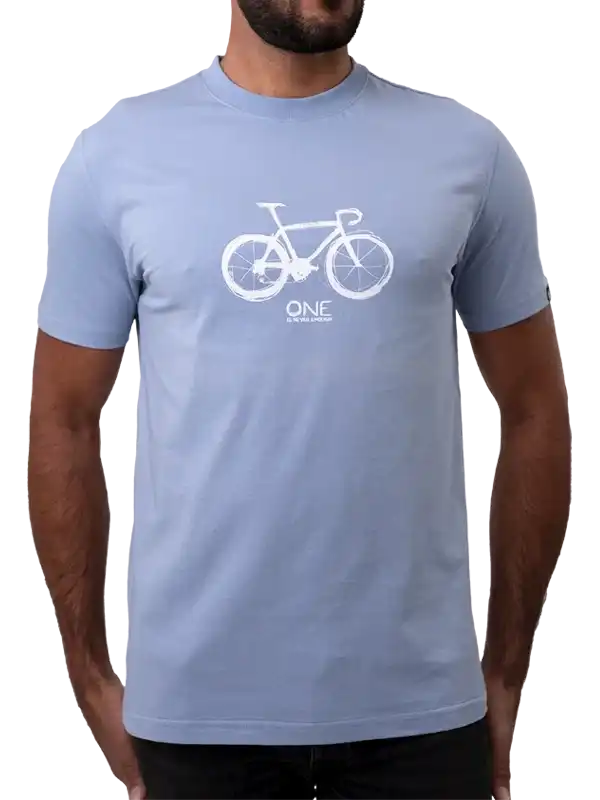 Men's light blue cycling t-shirt with white bike graphic and 'ONE' text, ideal for casual or ride wear.